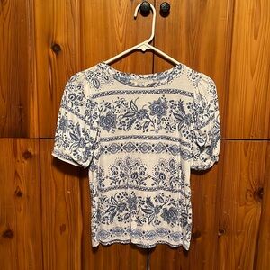 Loft Short Sleeve White and Blue Floral Shirt - Size XS
